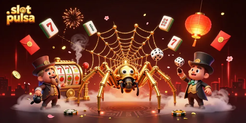 Experience thrill with slot pulsa in this dynamic 3D illustration of casino elements and characters.